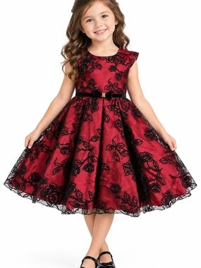 Jona Michelle Red and Black Floral Lace Party Dress